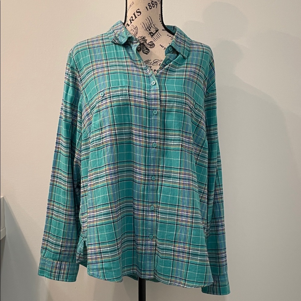 Turquoise Plaid Flannel Button-Down Shirt